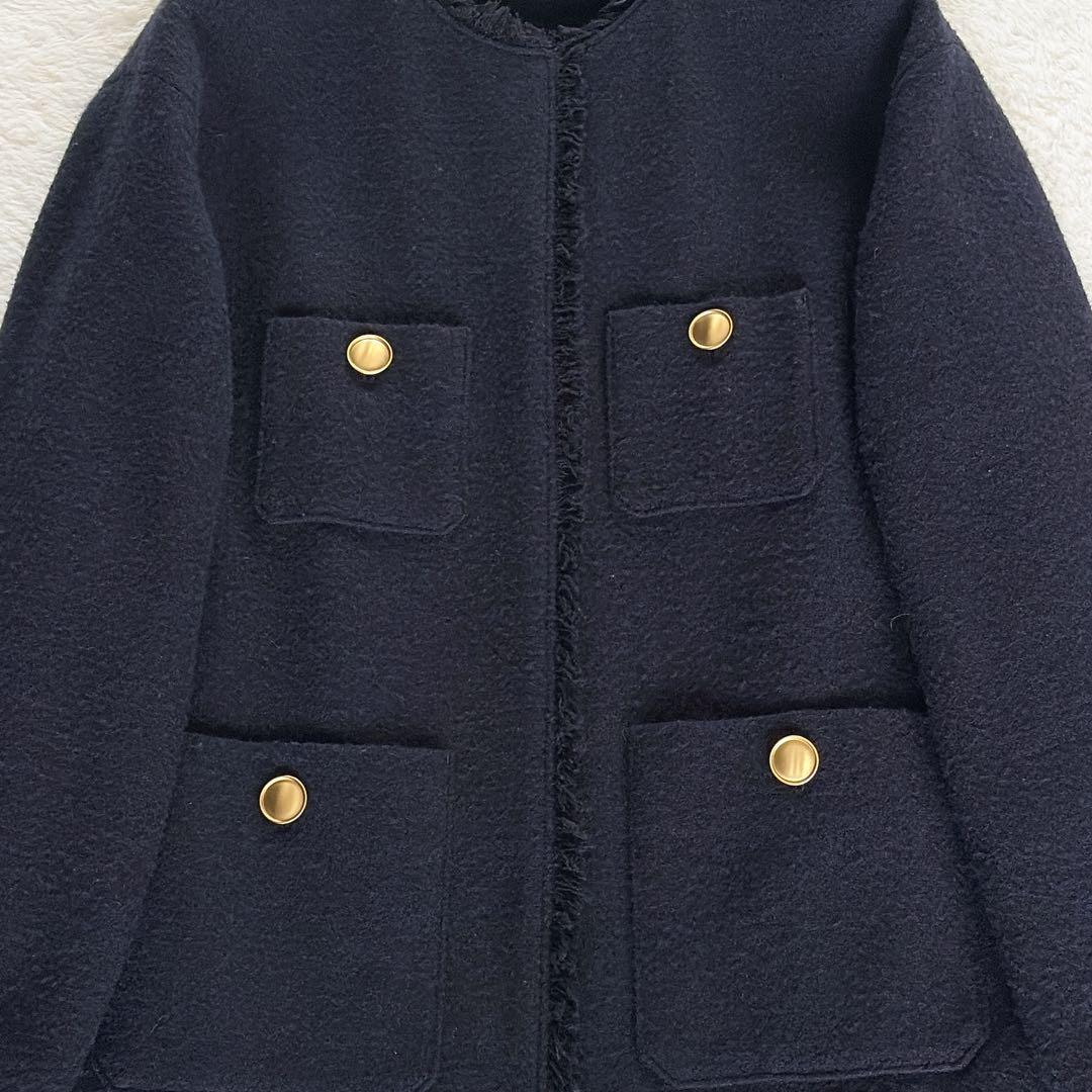 美品✨【グリーンレーベル】ツイードノーカラージャケット 金ボタン ネイビー38