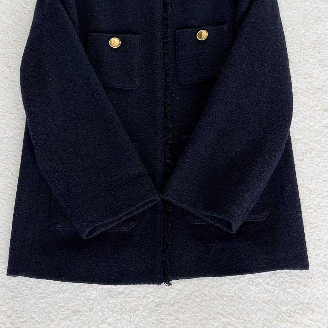 美品✨【グリーンレーベル】ツイードノーカラージャケット 金ボタン ネイビー38