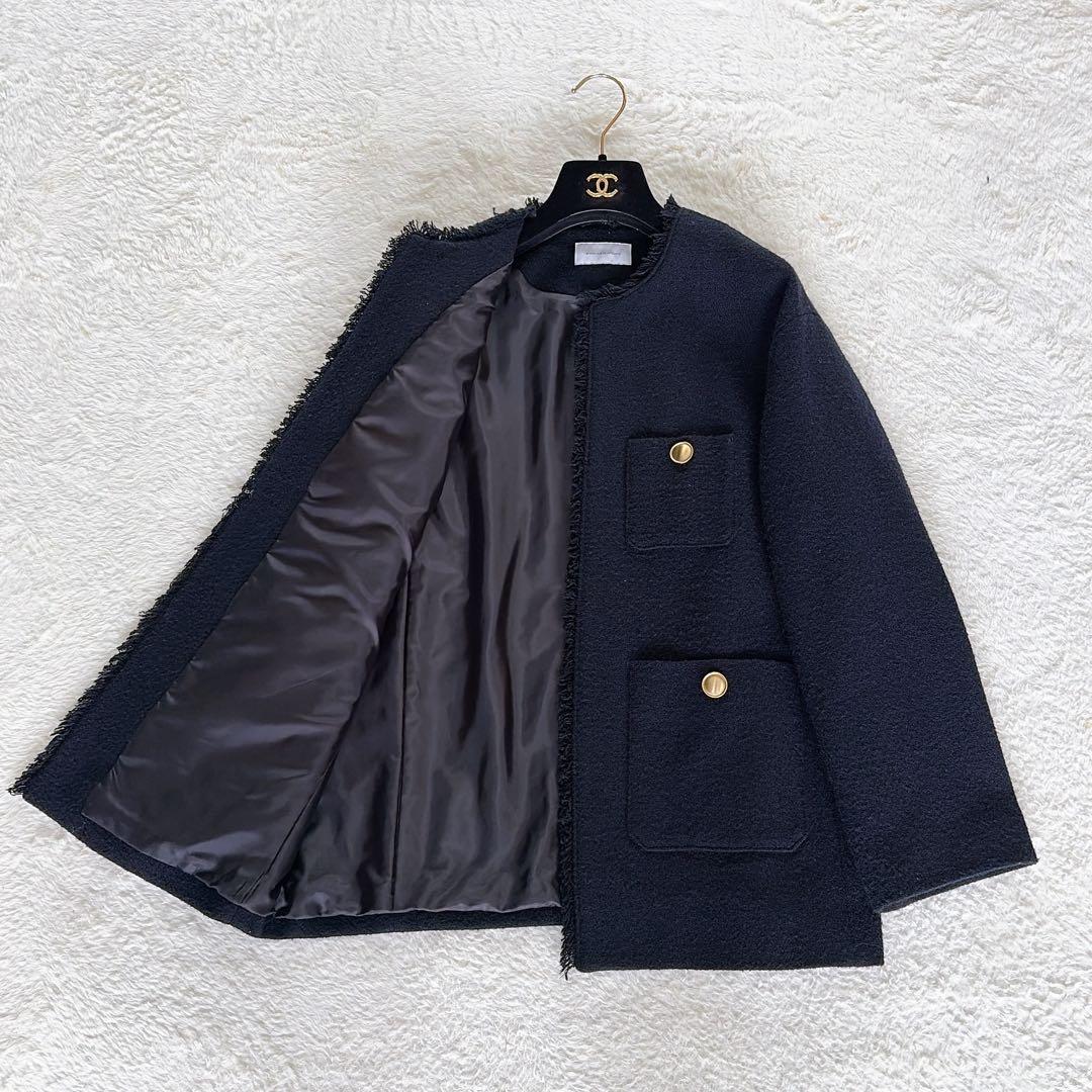 美品✨【グリーンレーベル】ツイードノーカラージャケット 金ボタン ネイビー38