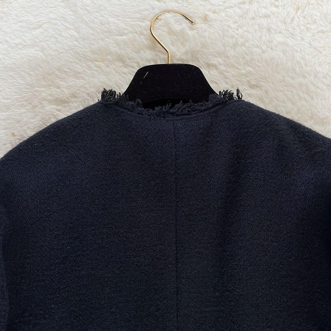 美品✨【グリーンレーベル】ツイードノーカラージャケット 金ボタン ネイビー38