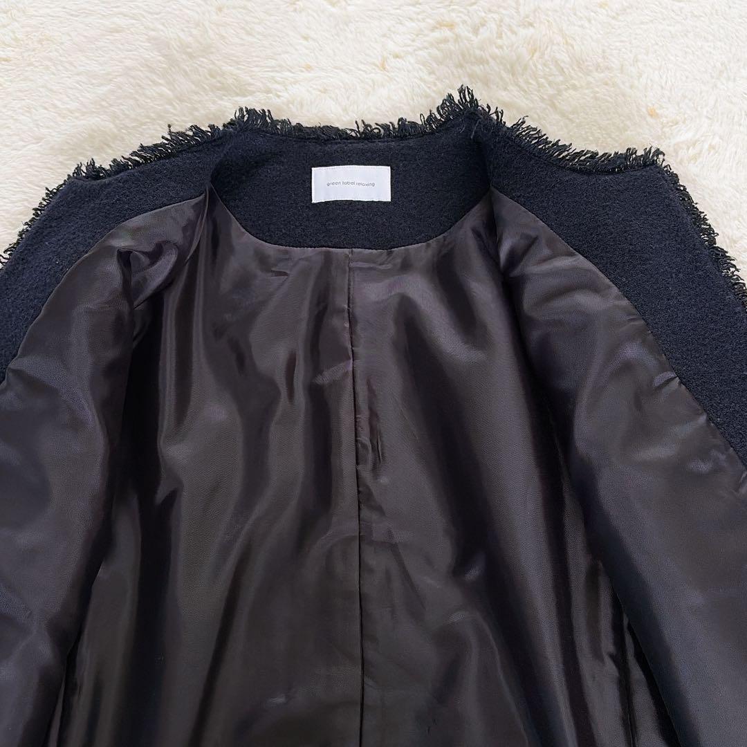 美品✨【グリーンレーベル】ツイードノーカラージャケット 金ボタン ネイビー38