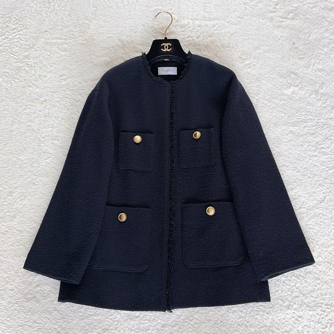 美品✨【グリーンレーベル】ツイードノーカラージャケット 金ボタン ネイビー38