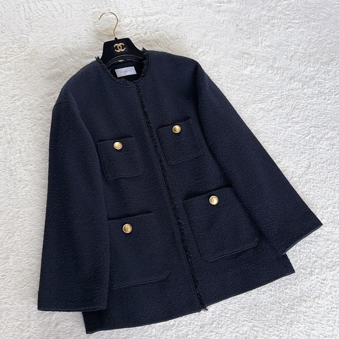 美品✨【グリーンレーベル】ツイードノーカラージャケット 金ボタン ネイビー38