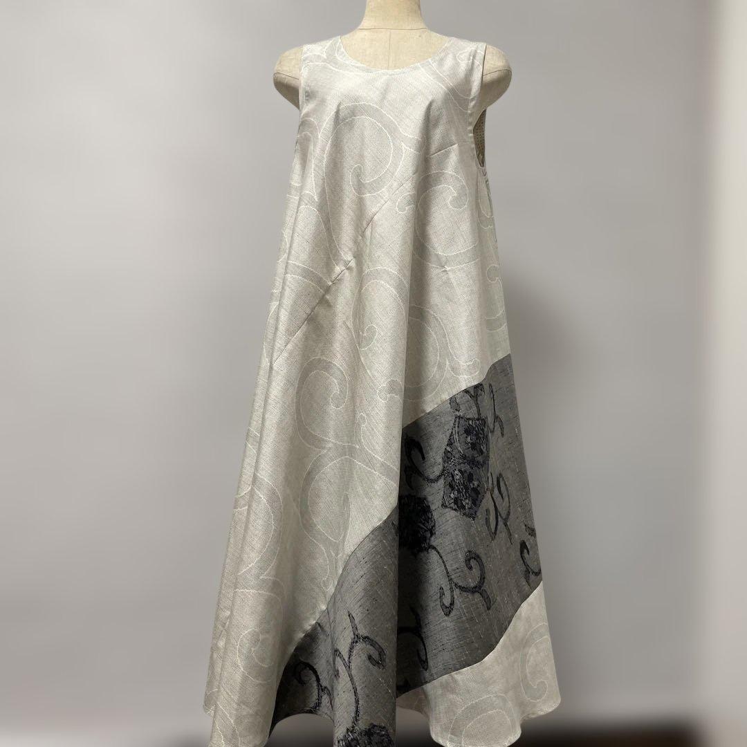 着物ワンピーステントラインロング丈【222】白大島紬や上代結城紬等M〜L
