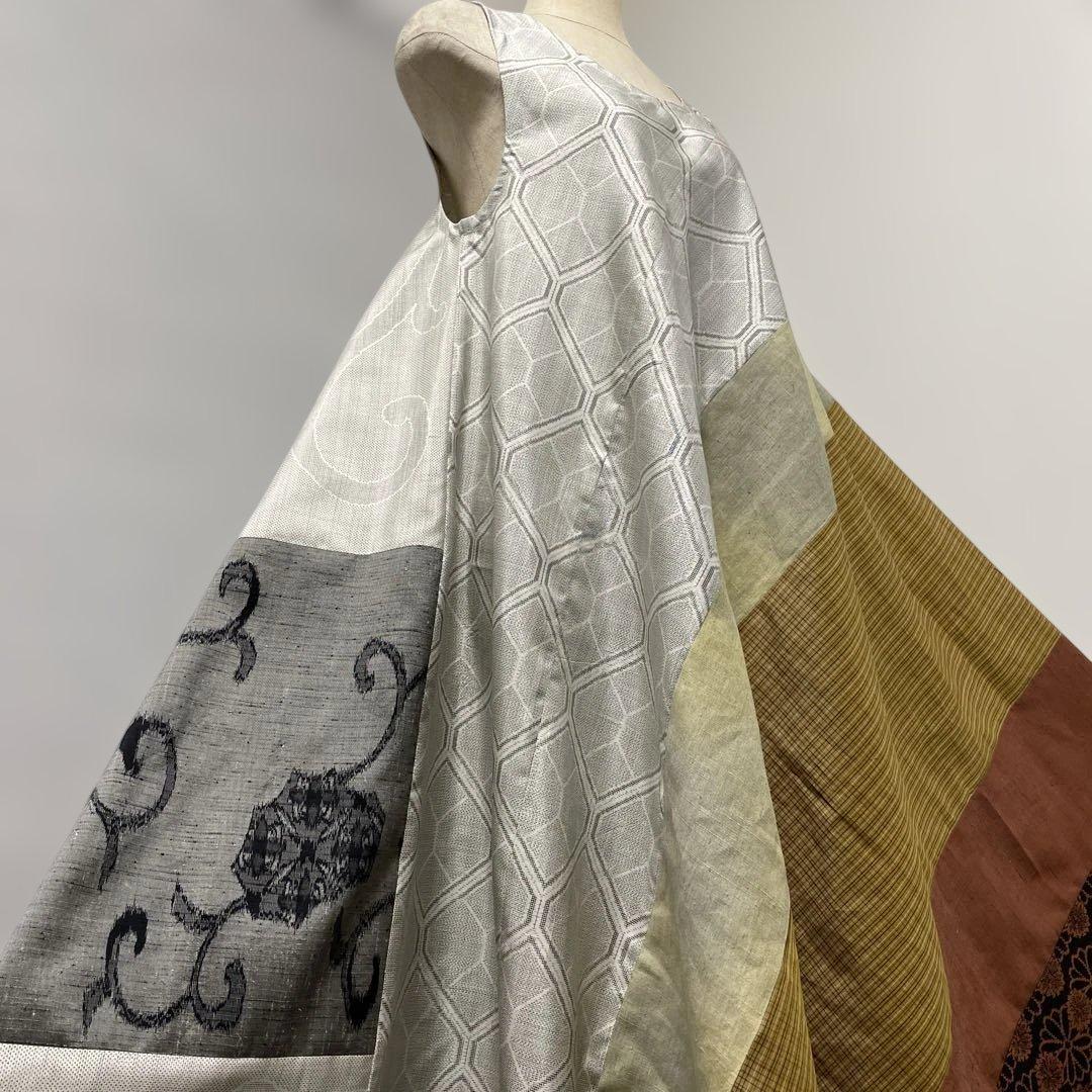 着物ワンピーステントラインロング丈【222】白大島紬や上代結城紬等M〜L