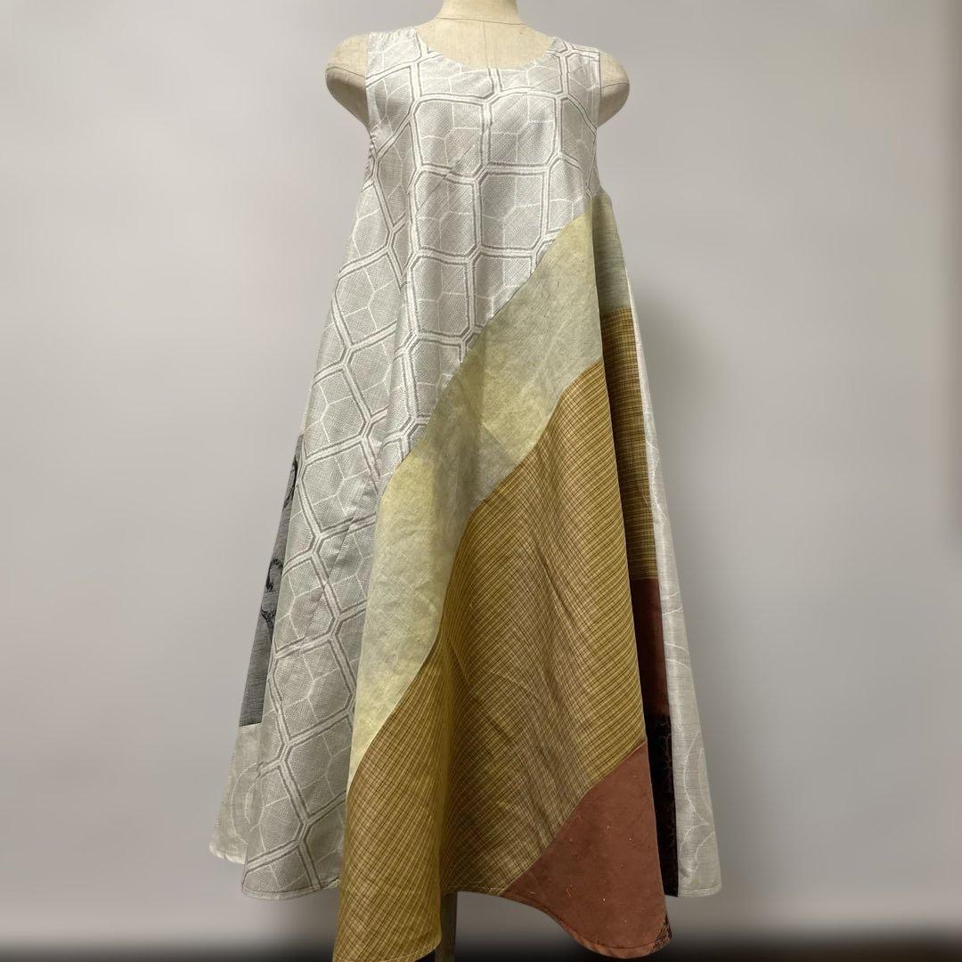 着物ワンピーステントラインロング丈【222】白大島紬や上代結城紬等M〜L