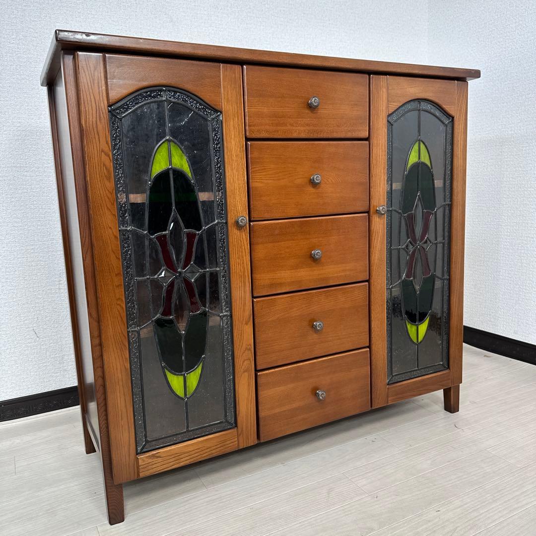 マルヨシ民芸 キャビネット サイドボード ステンドグラス 真鍮取手 i4※