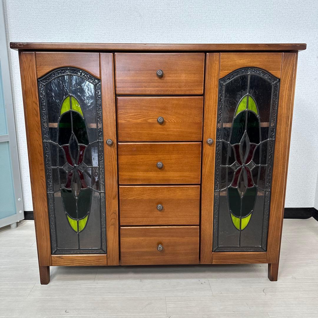 マルヨシ民芸 キャビネット サイドボード ステンドグラス 真鍮取手 i4※
