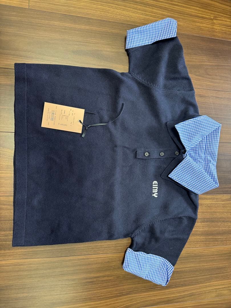 eimy ネイビー ハーフスリーブダブルカラーニット