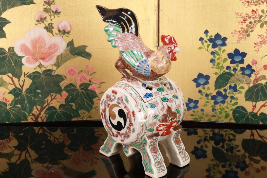 たかリン、仁清銘　京焼染錦　太鼓型　香炉　床飾　置物　野々村仁清　BE88