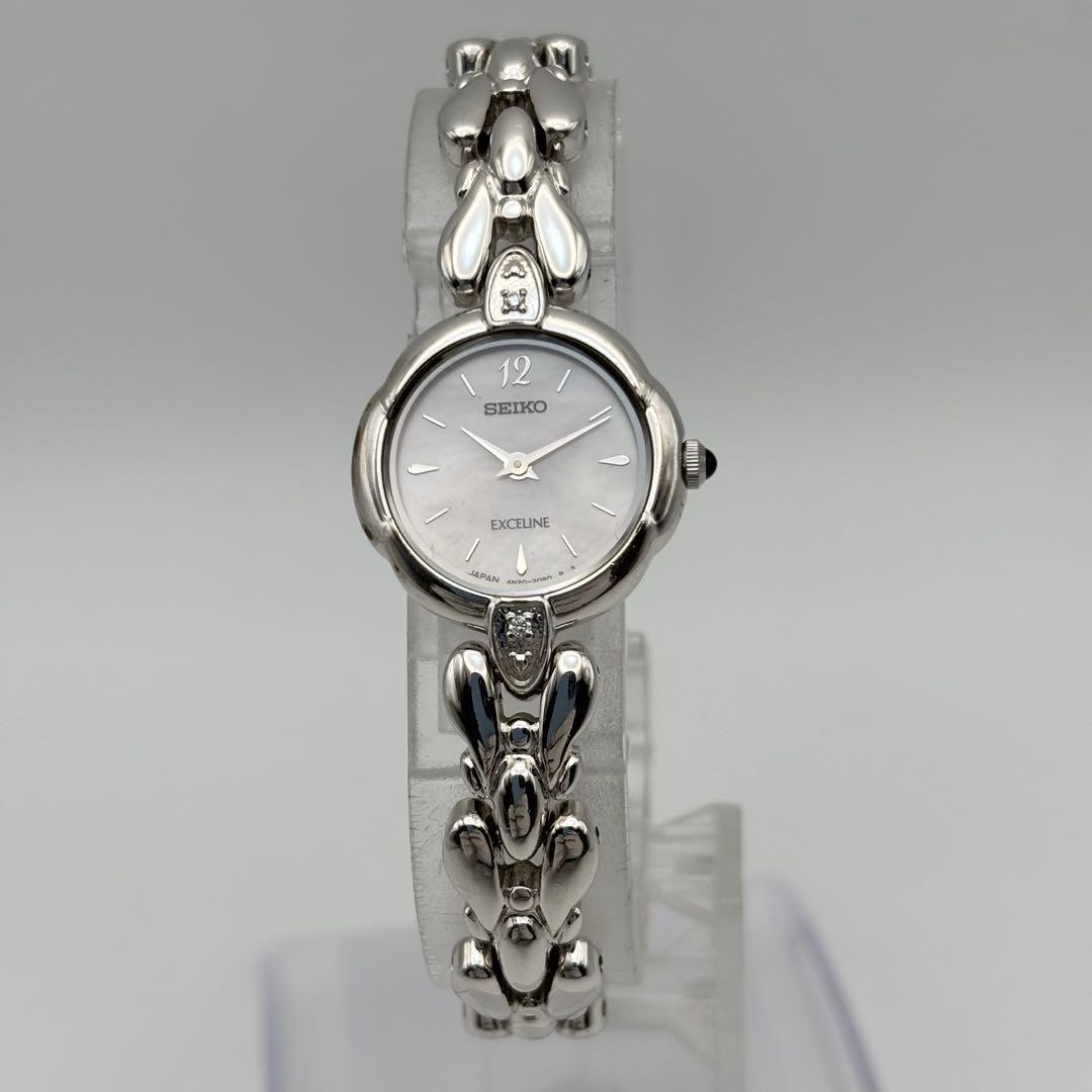 稼働 SEIKO EXCELINE 腕時計 シェル ブレスウォッチ 2Pダイヤ