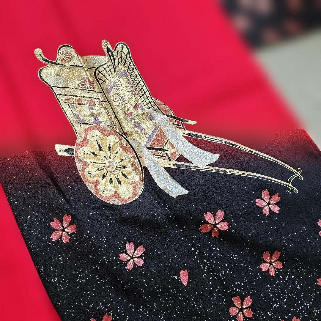 振袖　赤色 桜柄　御所車紋　京都きもの友禅　シック