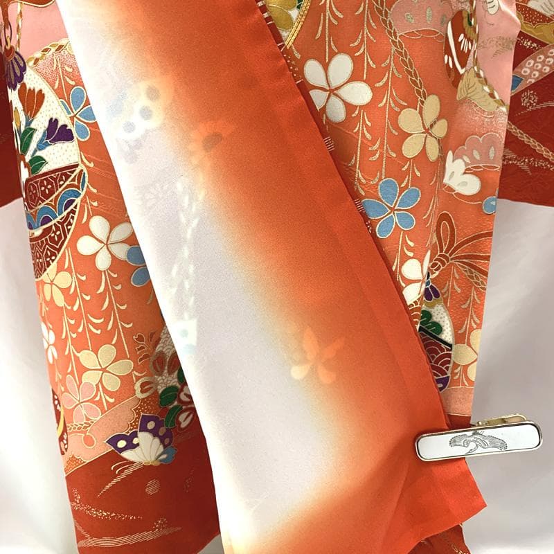 408ag82□七五三 七歳 女児 着物&袋帯 金駒刺繍 鈴 蝶 ピンク□美品