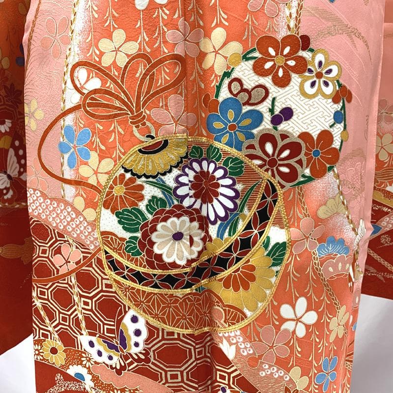 408ag82□七五三 七歳 女児 着物&袋帯 金駒刺繍 鈴 蝶 ピンク□美品