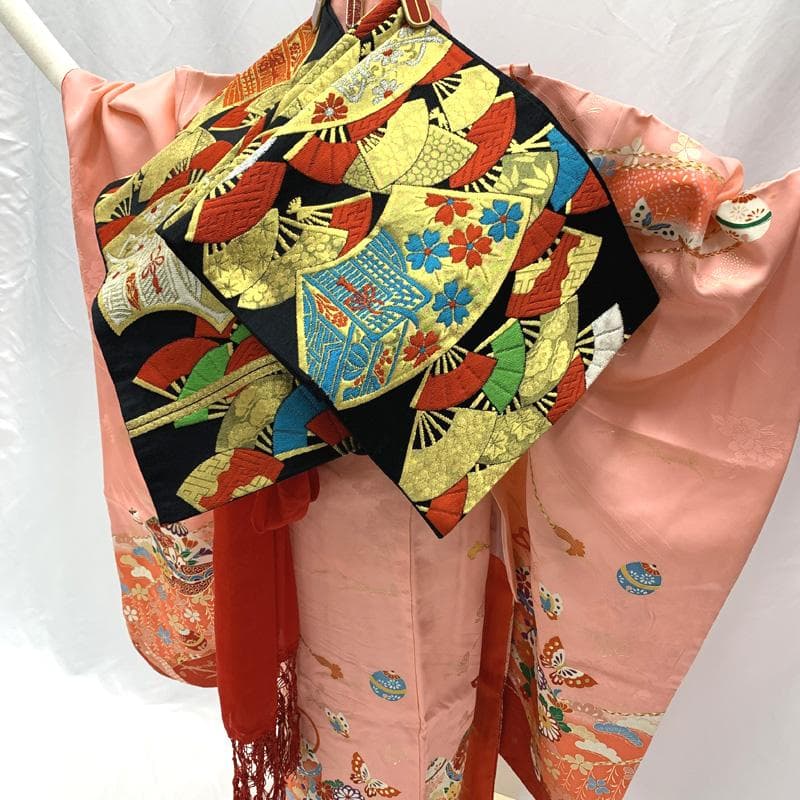 408ag82□七五三 七歳 女児 着物&袋帯 金駒刺繍 鈴 蝶 ピンク□美品