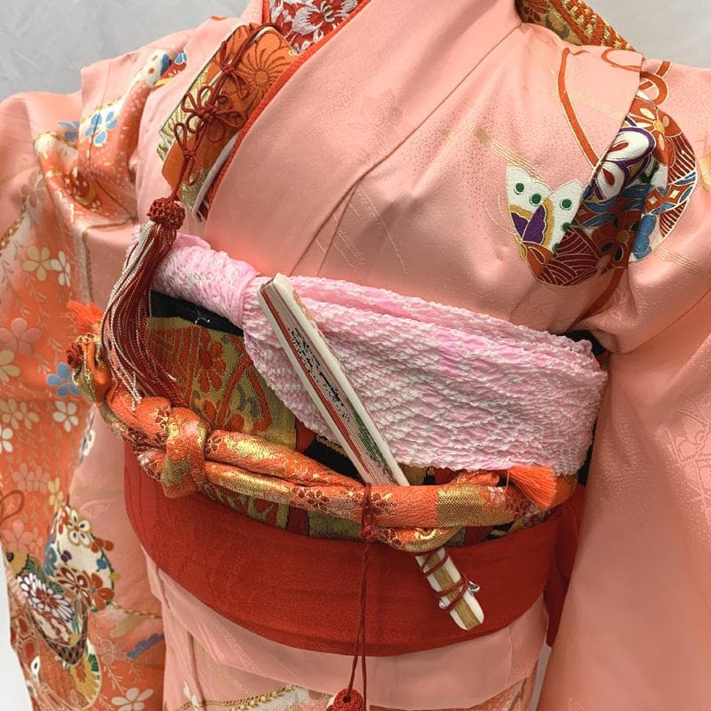 408ag82□七五三 七歳 女児 着物&袋帯 金駒刺繍 鈴 蝶 ピンク□美品