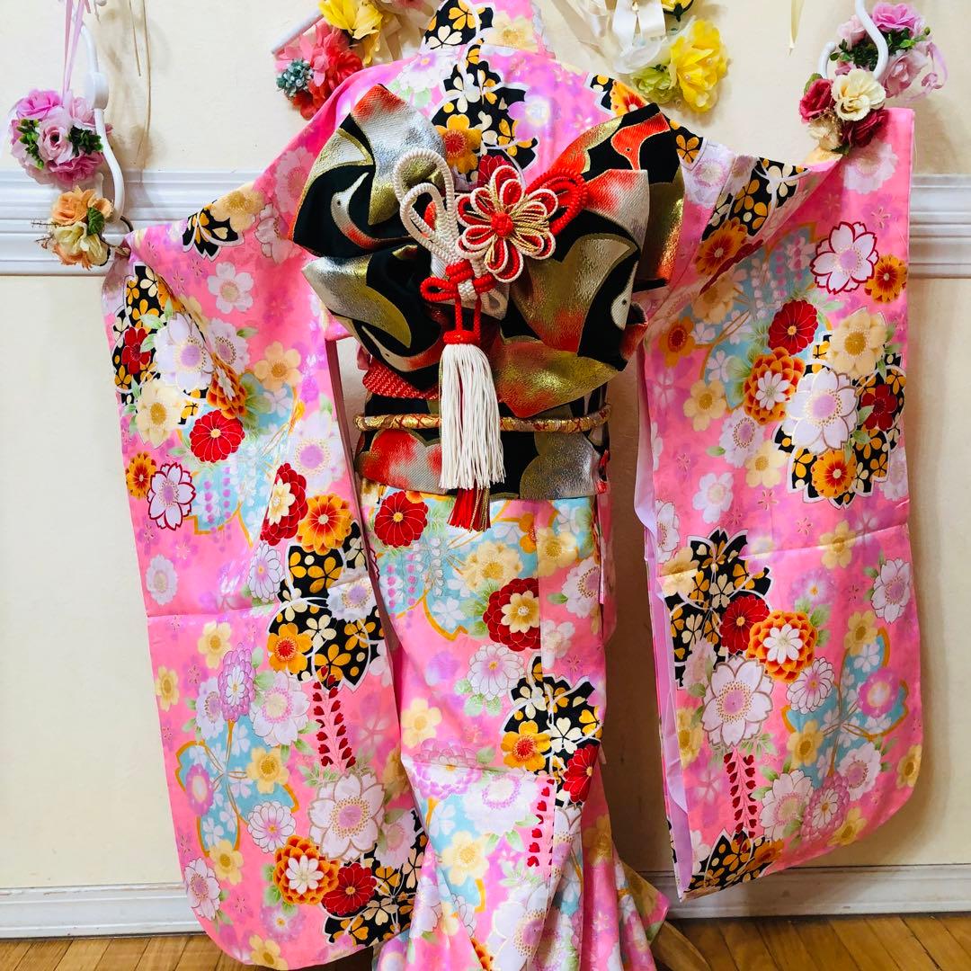 七五三七歳❣️四つ身着物未使用⭐︎薄ピンク花々金彩煌びやか絢爛⭐︎完全フルセット銘品