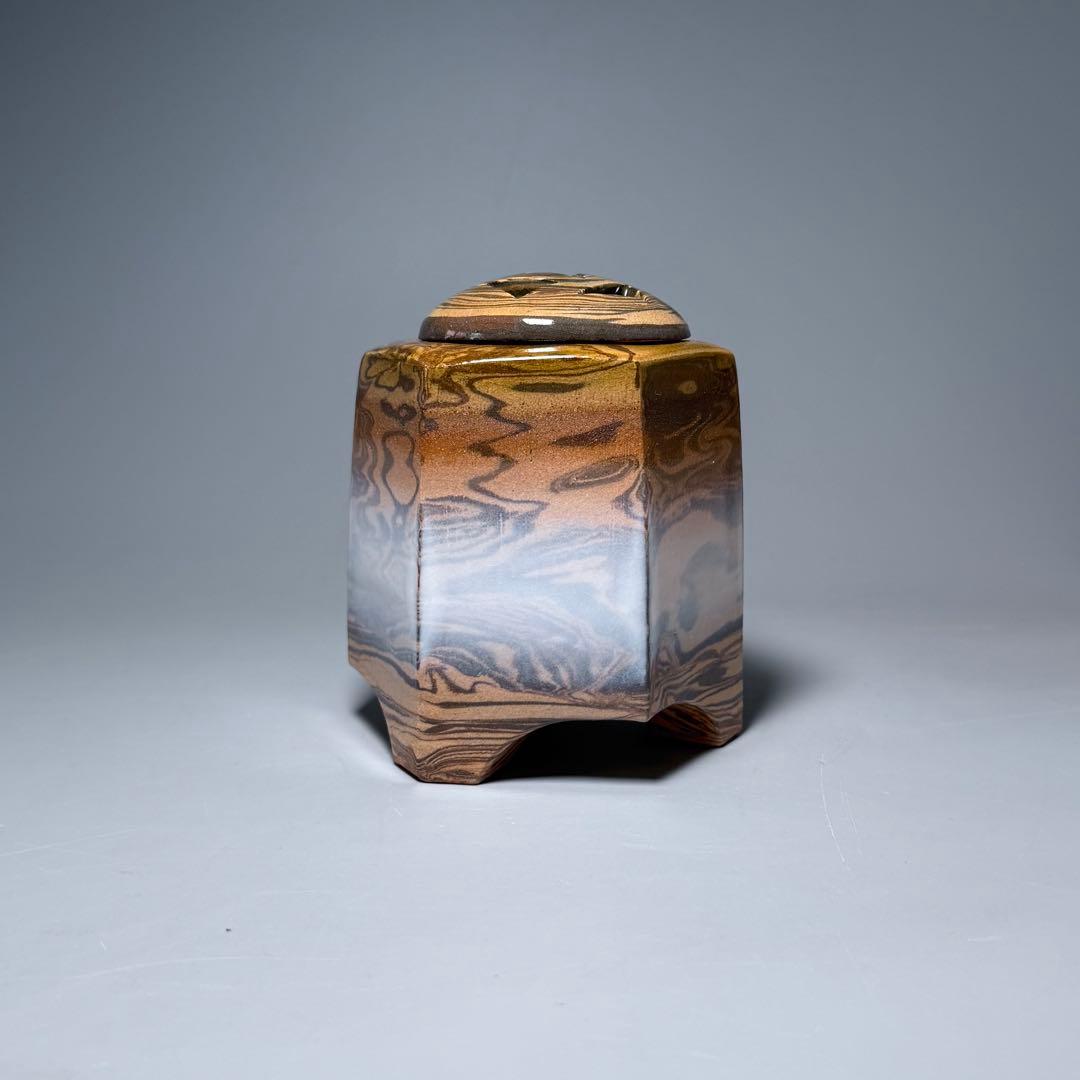萩焼　陶芸作家　大和努　作　萩練込香炉　共箱　共布　栞　未使用品　茶道具　保男