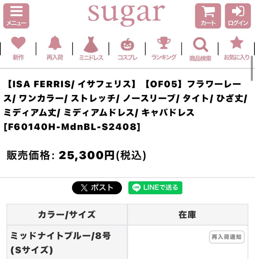 sugar イサフェリス　S フラワーレース　タイト　ドレス　ミッドナイトブルー