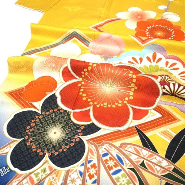 振袖 着物 金彩加工 地紋 黄色 紺色 松竹梅 裄66 Ｌ 中古 sn1462