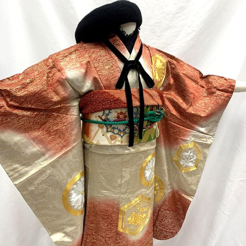 510aj15■ハーフ成人式 卒業式 女児 着物&袋帯&長襦袢 金彩■良好