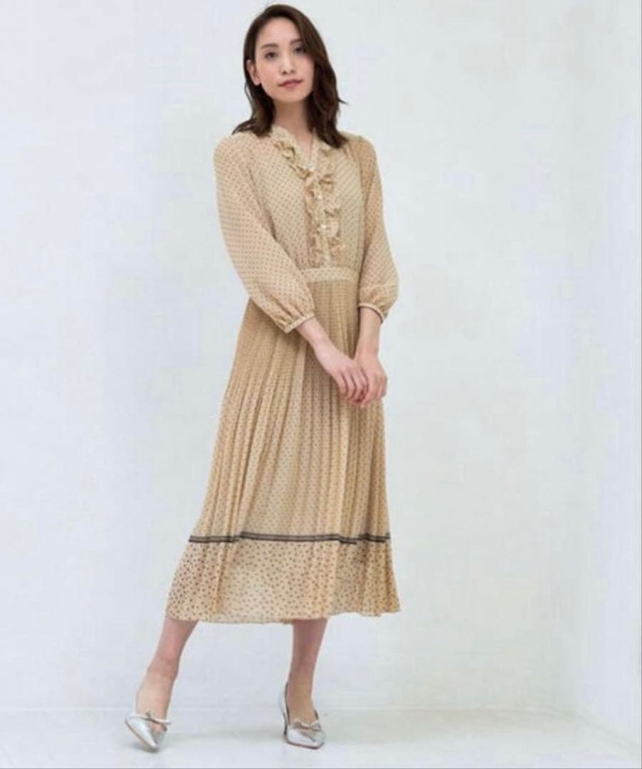 20SS♡ANAYI ラインドットプリントフリルワンピース 38 プリーツ
