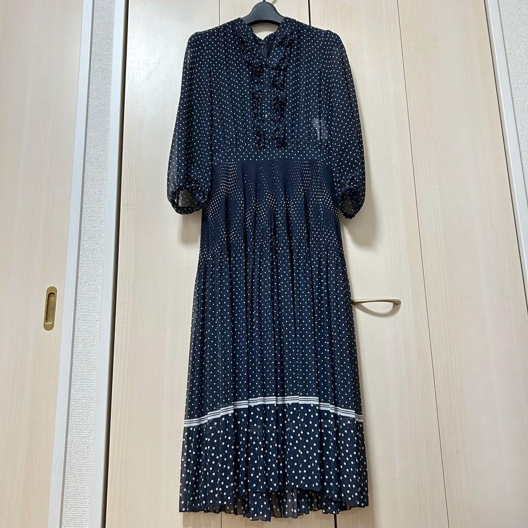 20SS♡ANAYI ラインドットプリントフリルワンピース 38 プリーツ