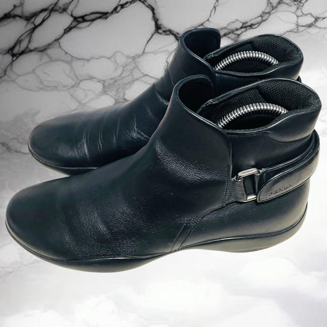 【プラダ】美品エンボスロゴ サイドゴアブーツ ベルクロ ブラック 黒 5 1/2