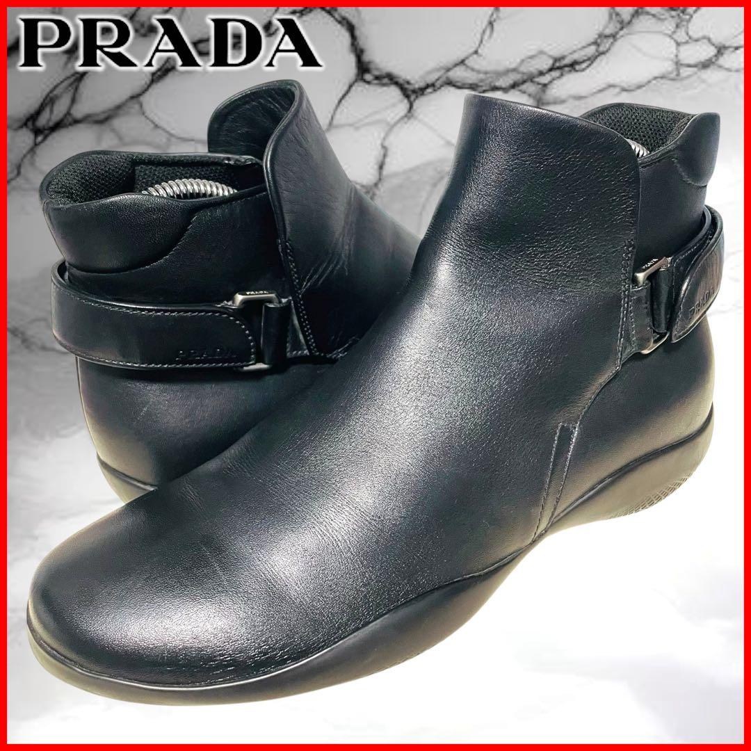 【プラダ】美品エンボスロゴ サイドゴアブーツ ベルクロ ブラック 黒 5 1/2