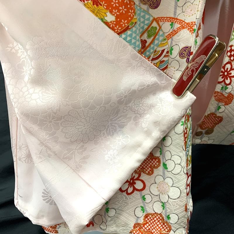 510ag27□七五三 三歳 女児 着物&被布 金彩 鈴 梅 白□状態良好