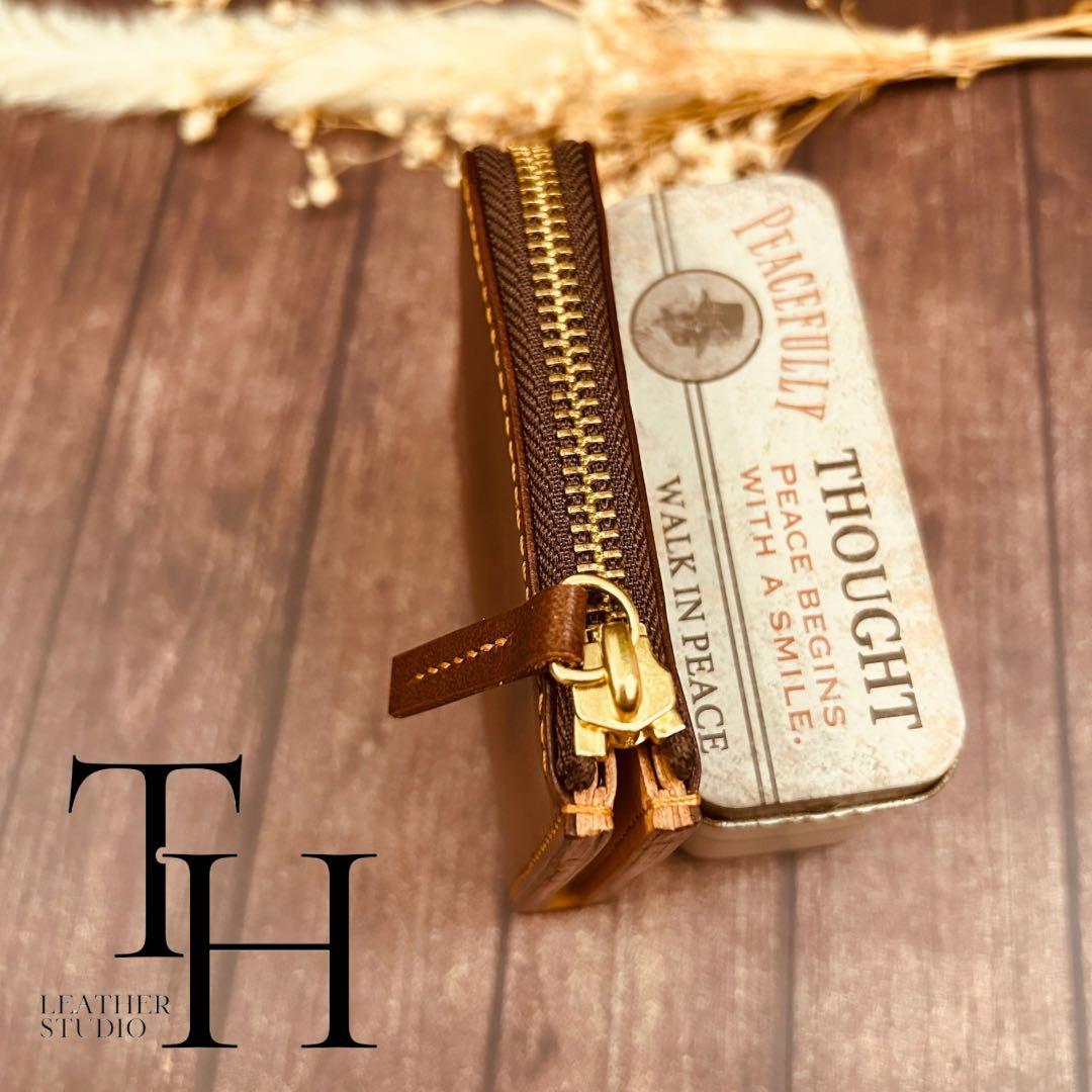 イタリアンレザー　ヌメ革　L字ファスナー ウォレット　ダークブラウン　コンパクト