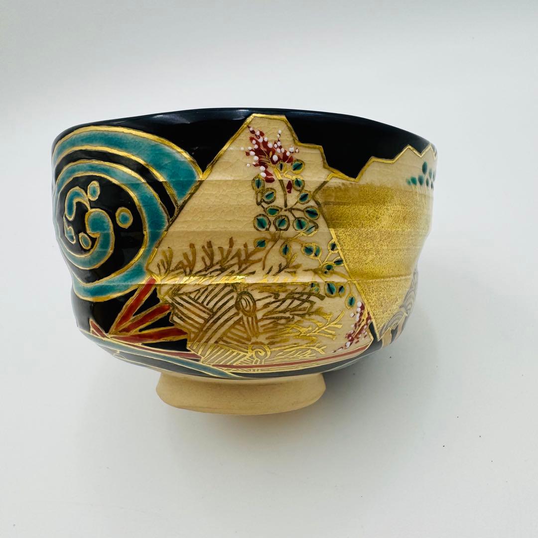 【京焼　田中寿宝　絵付け茶碗　波に扇子図　茶道具】骨董　アンティーク