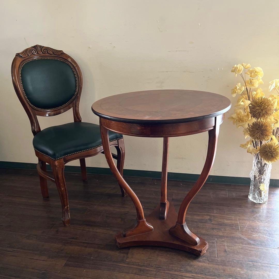 k519r121 特徴的な曲線レッグのアンティーク調ラウンドテーブル 象嵌細工