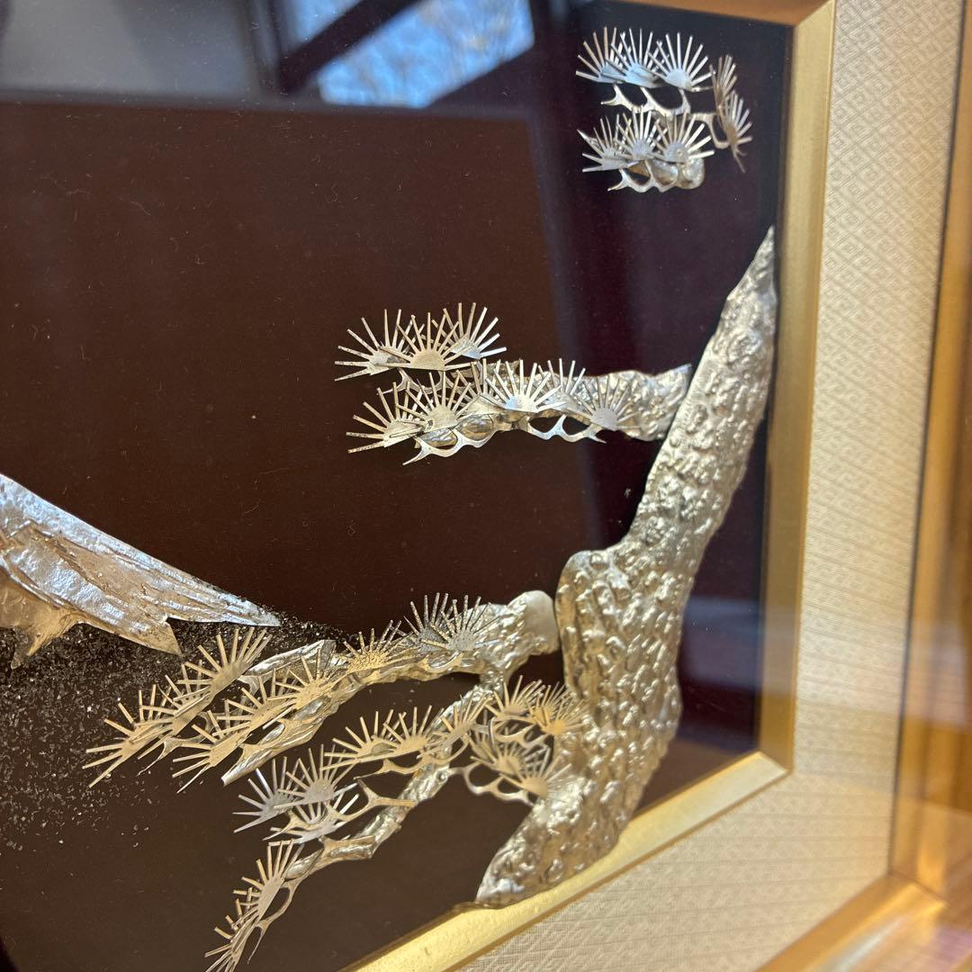 嘉山 作 純銀製 富士山と松 額装 銀製レリーフ 日本画 横40cm