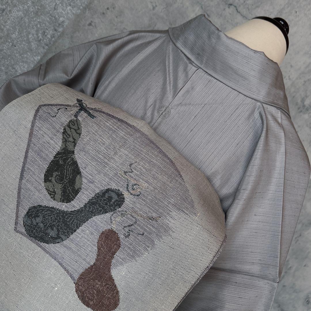 小紋　フルセット　着物　正絹　紬　瓢箪　シャレ帯　グレー　灰色　p2