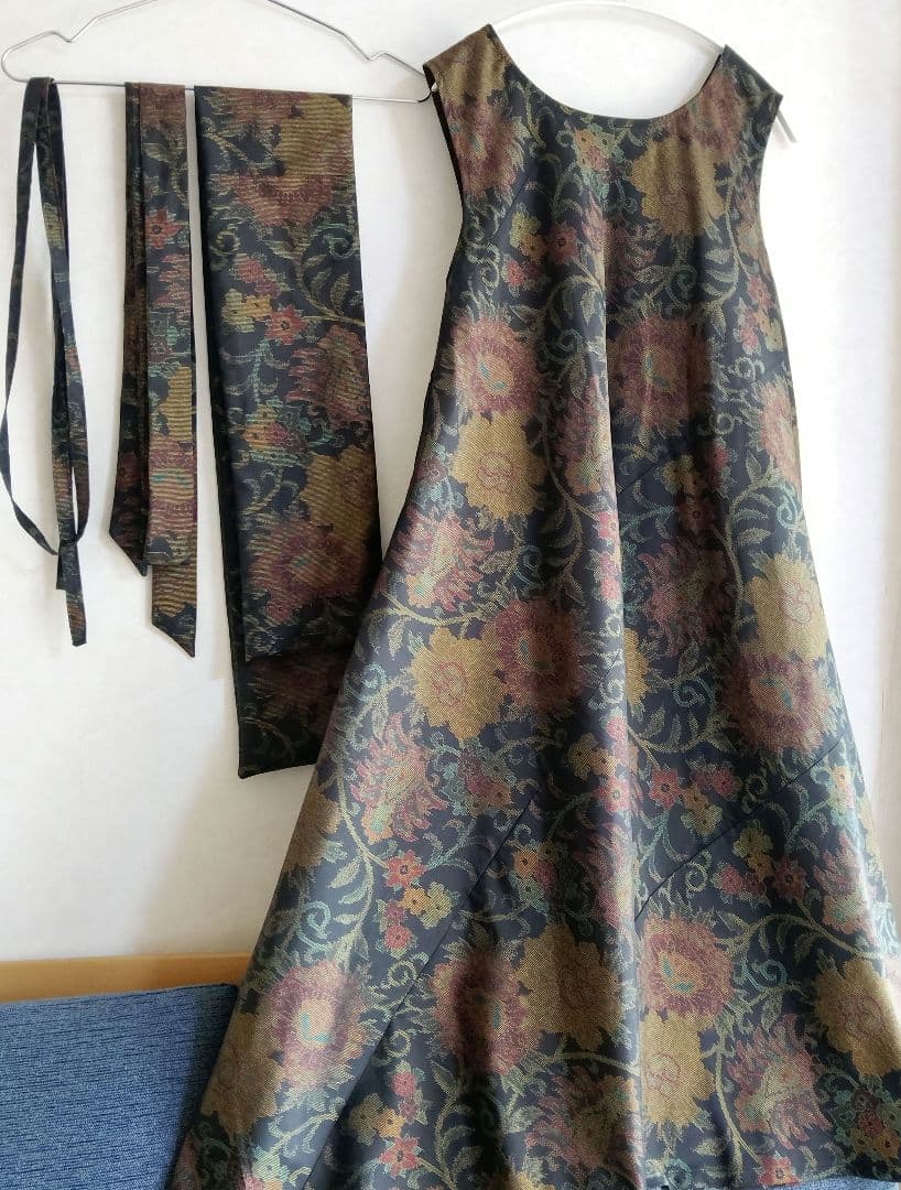 着物リメイク❀大島紬フレアーワンピース❀花柄ストール付き正絹ノースリーブ