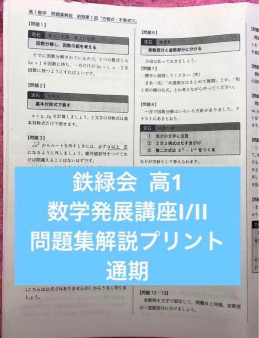 確認用【フル独学可】鉄緑会 高1 数学 発展講座I/II ノート　プリント　講習