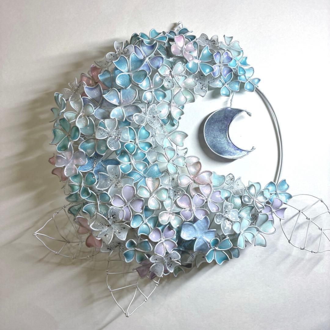 一点物　月×大きな紫陽花リース　ディップアート　ワイヤークラフト　アート