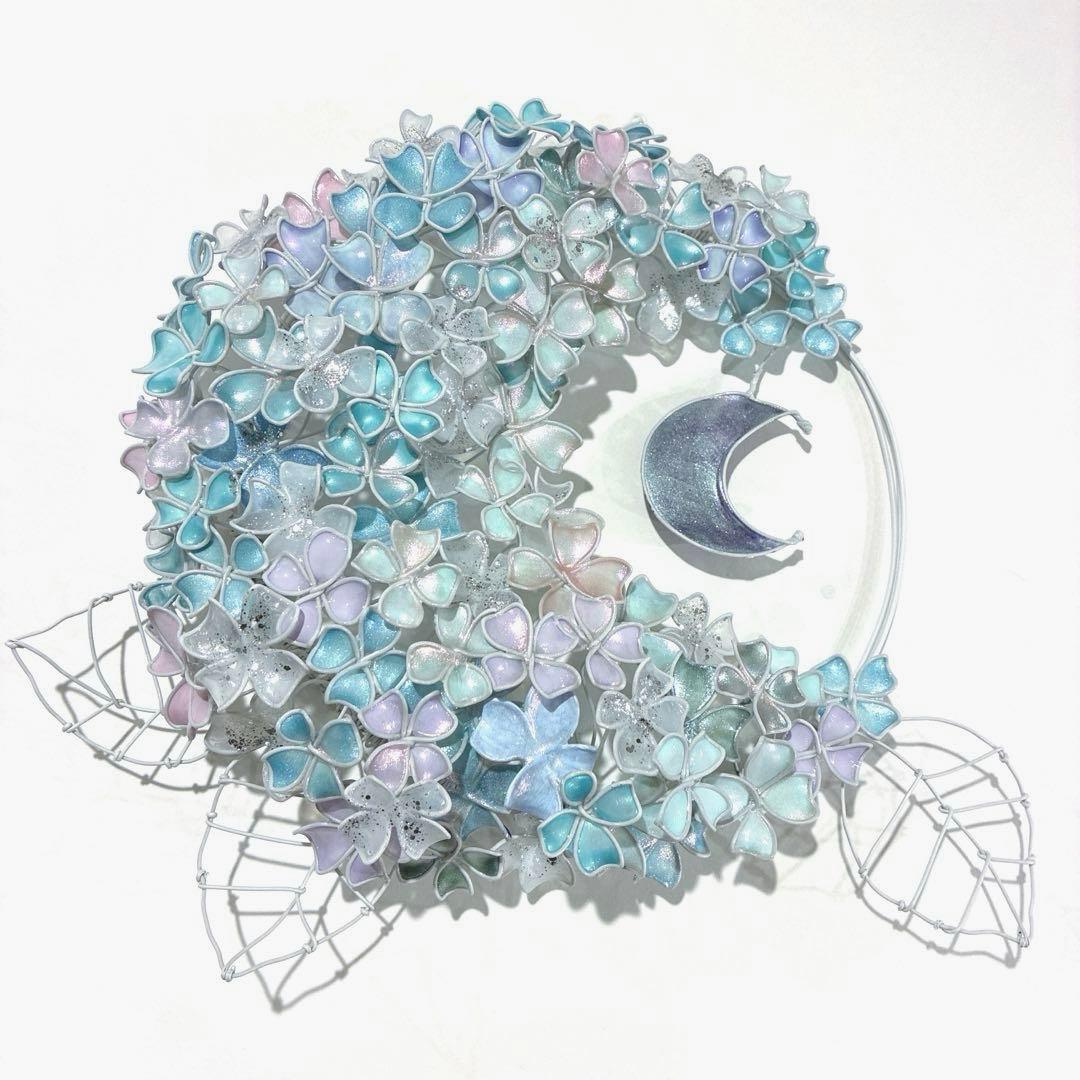 一点物　月×大きな紫陽花リース　ディップアート　ワイヤークラフト　アート