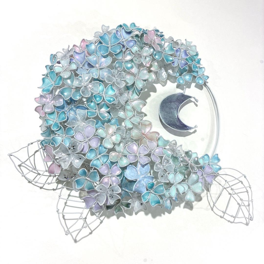 一点物　月×大きな紫陽花リース　ディップアート　ワイヤークラフト　アート