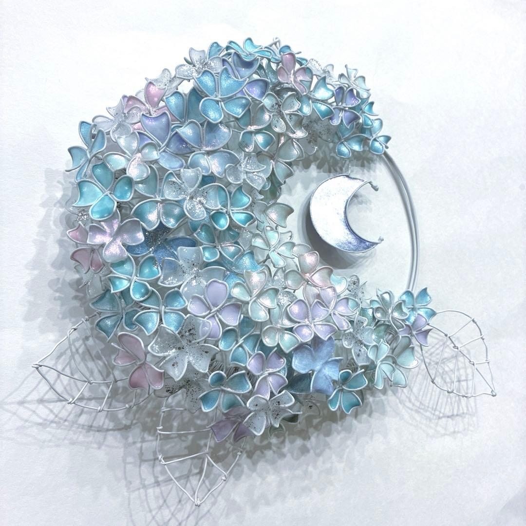 一点物　月×大きな紫陽花リース　ディップアート　ワイヤークラフト　アート