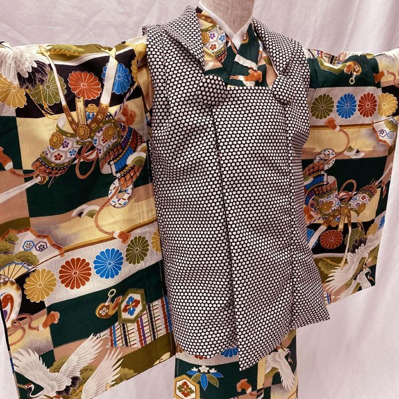 506ab83着物のみ◎七五三 三歳 男の子 セミアンティーク着物&被布 鶴 緑