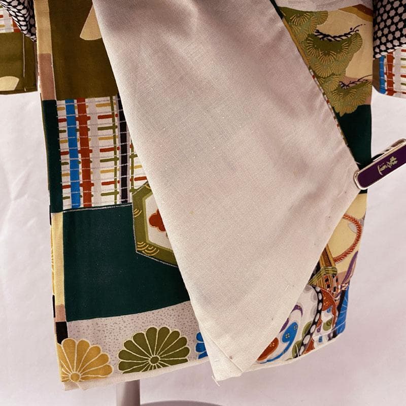 506ab83着物のみ◎七五三 三歳 男の子 セミアンティーク着物&被布 鶴 緑