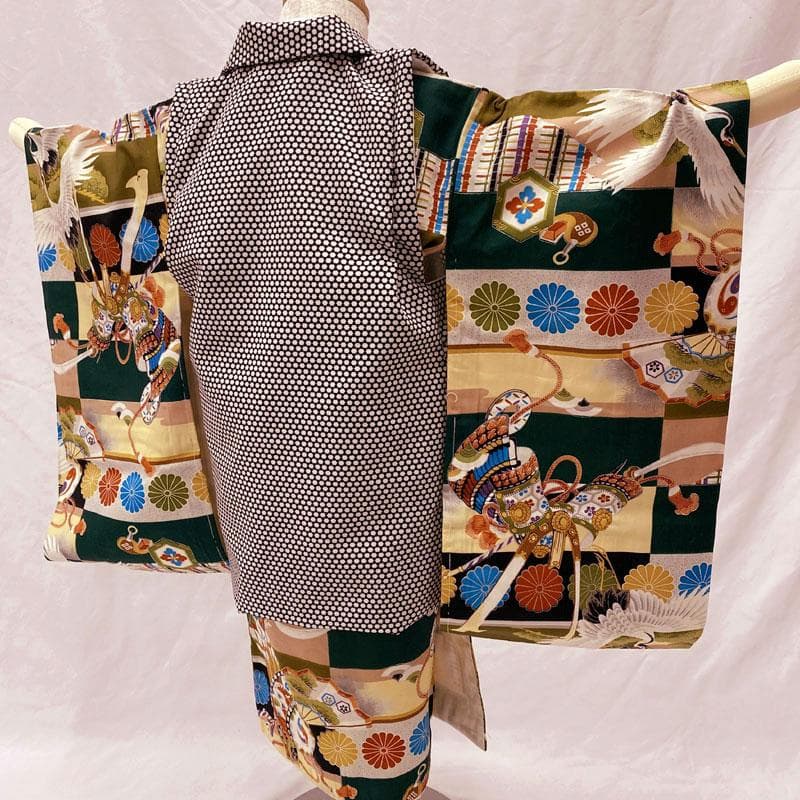 506ab83着物のみ◎七五三 三歳 男の子 セミアンティーク着物&被布 鶴 緑