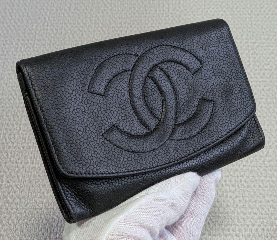シャネル　デカココ　ミニ財布　キャビアスキン　黒　チェーンウォレット　小銭入れ