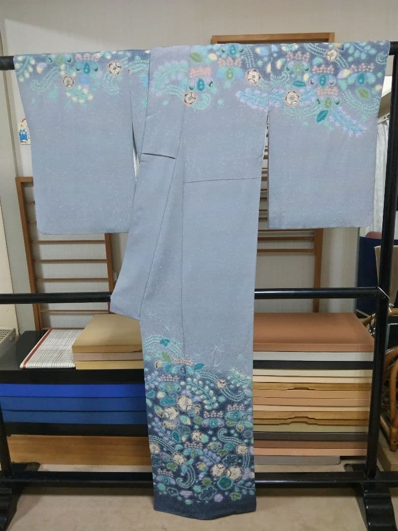 最終値下げ F‐304 訪問着 辻ヶ花 袷 作家落款 ブルーグレー 暈し 美品