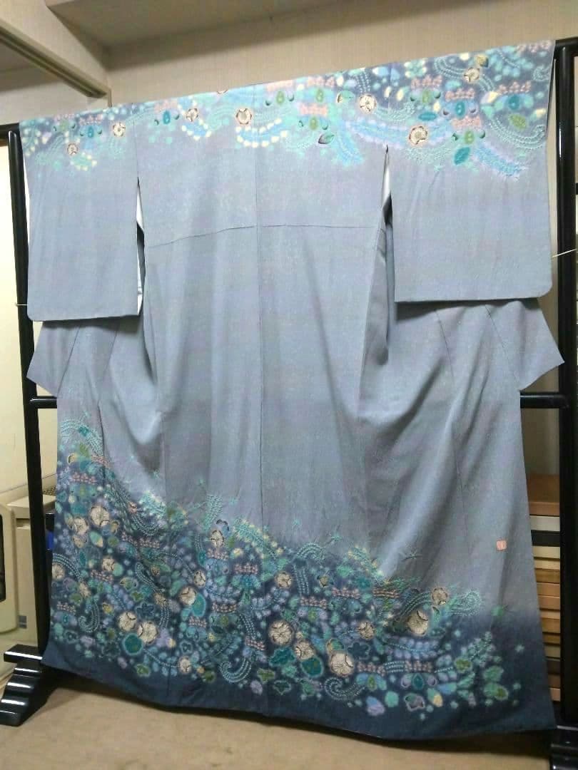 最終値下げ F‐304 訪問着 辻ヶ花 袷 作家落款 ブルーグレー 暈し 美品