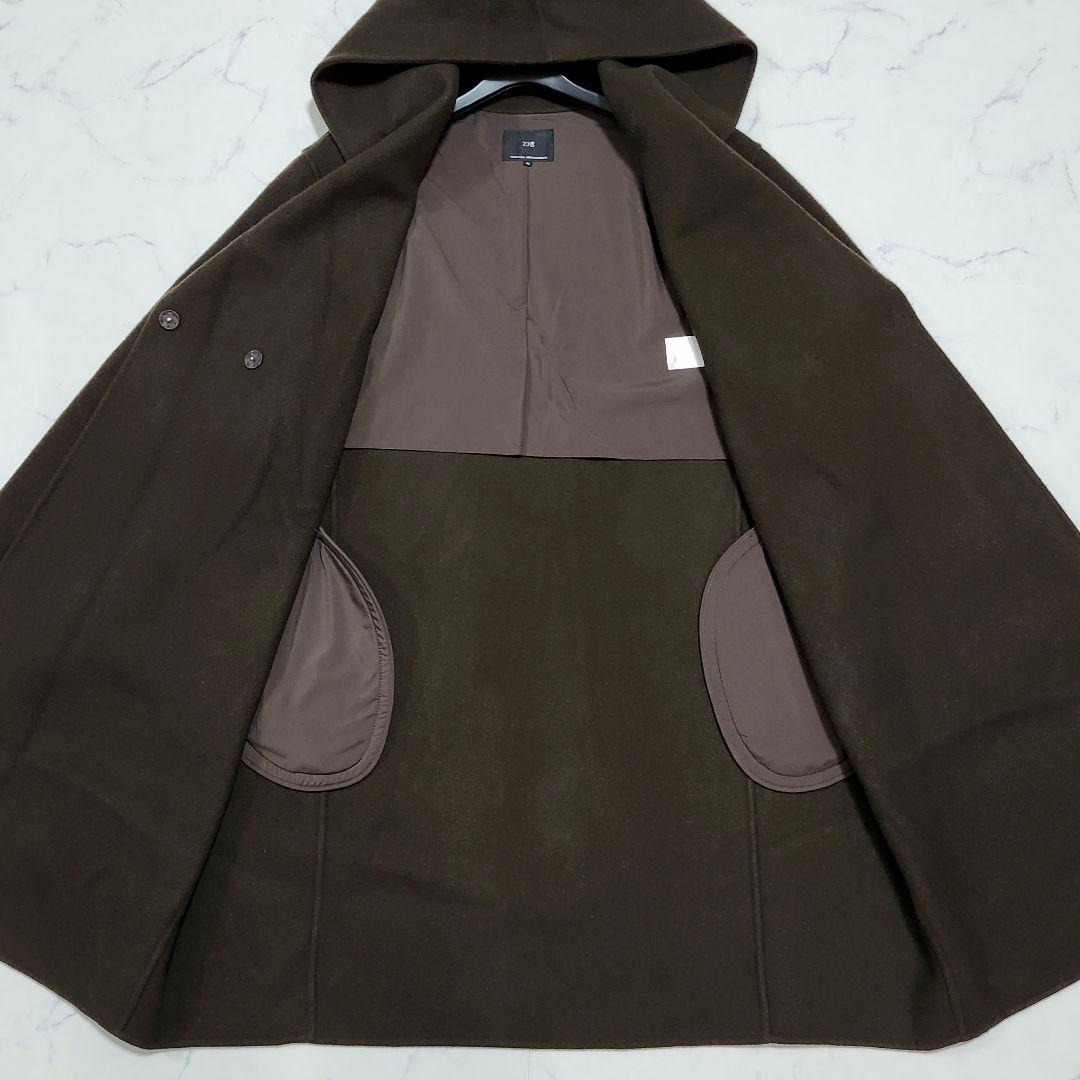 大きいサイズ46☆23区　ウールリバーフード付きミドル丈コート　ダークブラウン