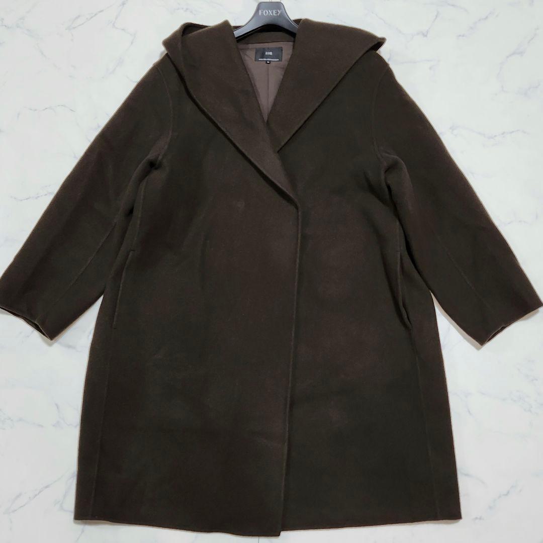 大きいサイズ46☆23区　ウールリバーフード付きミドル丈コート　ダークブラウン