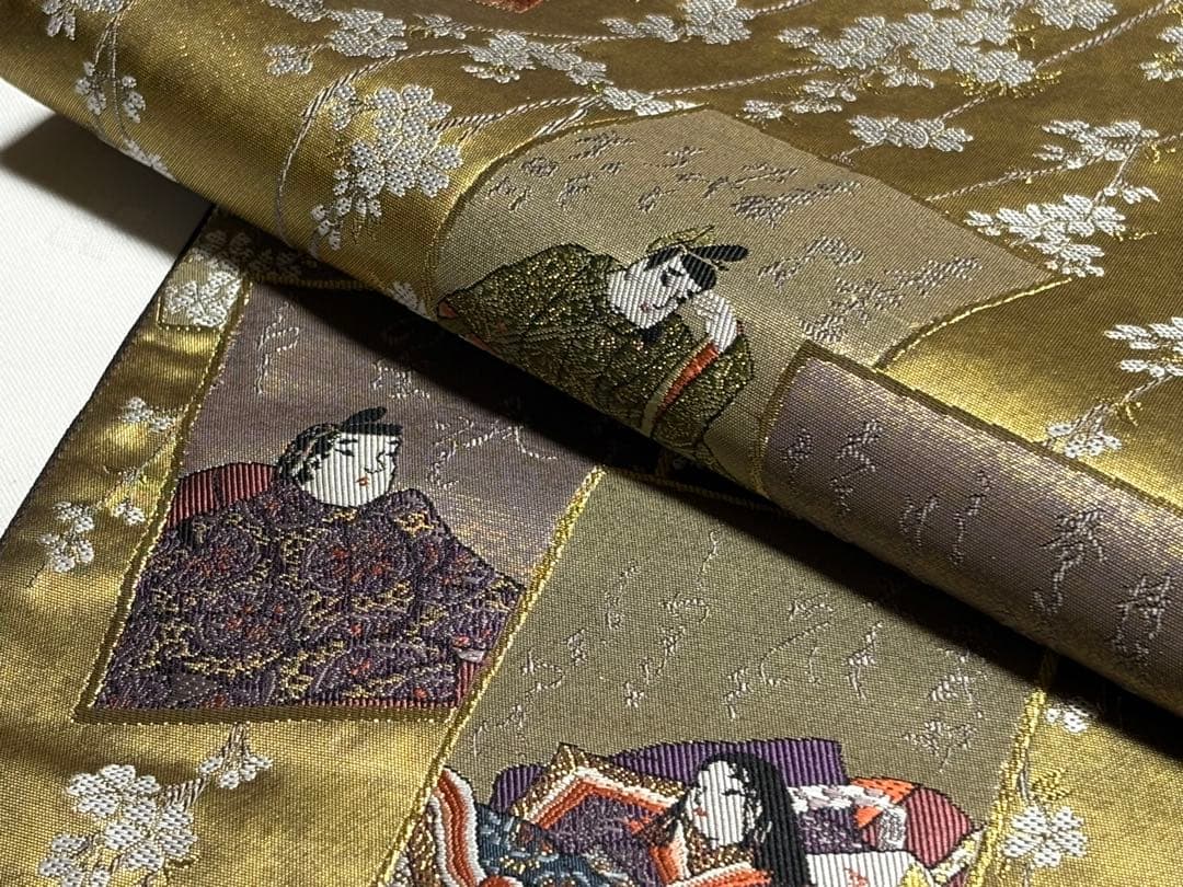 美品　和服帯　正絹　本金箔.献上源氏色紙文　袋帯　六通　早い者勝ち